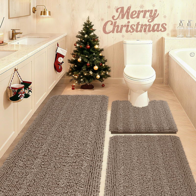 ACCUMTEK Striped Ultra Soft Bathroom Rugs and Mats Set 3 Pieces Bath Mat Set Dark Beige, Thick Chenille Bath Rugs Non Slip Bath Mats for Bathroom, Kitchen - Image 1