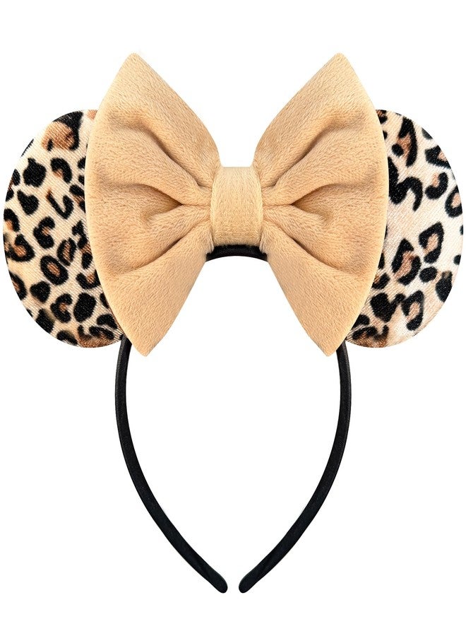 Bmobuo Leopard Print Mouse Ears Headband for Women, Khaki Fuzzy Bows Park Ears, Cute Christmas Hairband