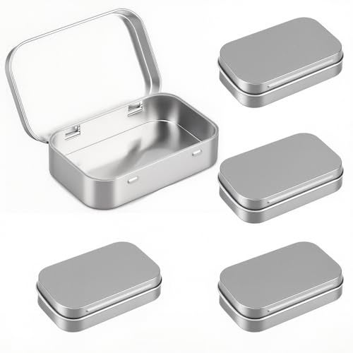 HASTHIP® 4 Pcs 31g Silver Aluminium Small Tin - Portable Rectangular Metal Hinged Tin Box Container Mini Portable Small Storage Container with Lid for Make Up, Candles, Jewellery, 95x60x20mm - Image 1