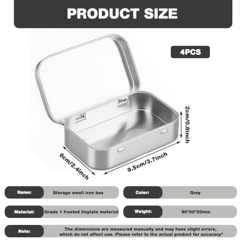 HASTHIP® 4 Pcs 31g Silver Aluminium Small Tin - Portable Rectangular Metal Hinged Tin Box Container Mini Portable Small Storage Container with Lid for Make Up, Candles, Jewellery, 95x60x20mm - Image 2