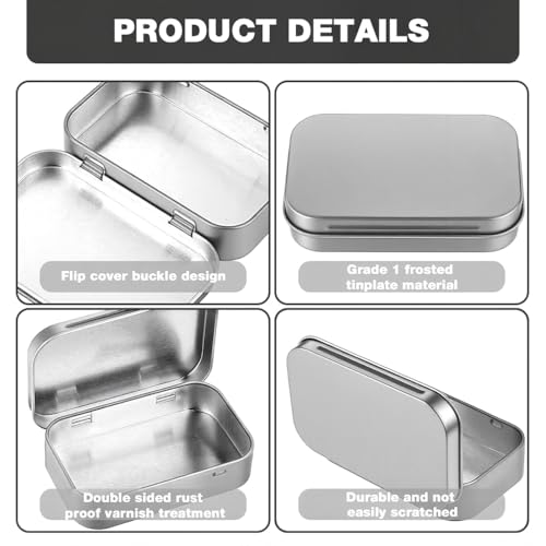HASTHIP® 4 Pcs 31g Silver Aluminium Small Tin - Portable Rectangular Metal Hinged Tin Box Container Mini Portable Small Storage Container with Lid for Make Up, Candles, Jewellery, 95x60x20mm - Image 3