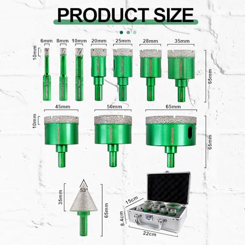 KURSTOL Diamond Core Drill Bit Kit - 6/8/10/20/25/28/35/45/50/65mm Triangle Shank +35mm Hex Shank Beveling Chamfer Bit Tile Hole Saws for Dry Drilling Porcelain Ceramic Tile Granite Marble Stone - Image 2