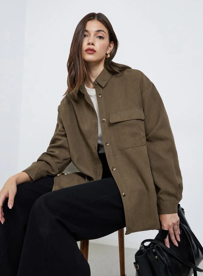 Styli Styli Brown Long Sleeve Shirt with Pocket