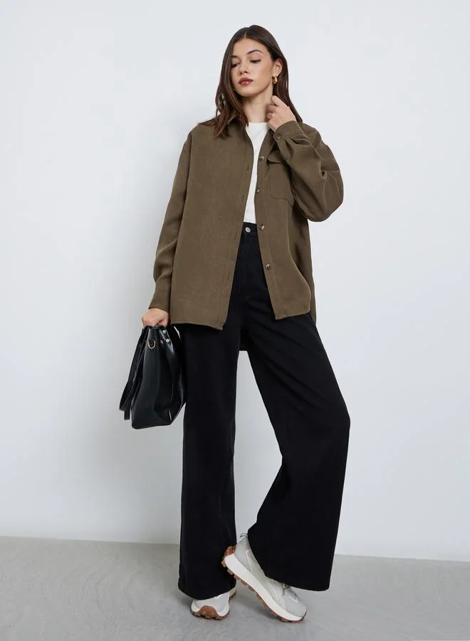 Styli Styli Brown Long Sleeve Shirt with Pocket