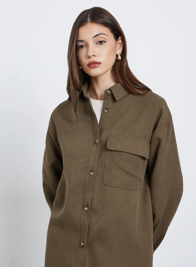 Styli Brown Styli Brown Long Sleeve Shirt with Pocket for Women | Best Price UAE