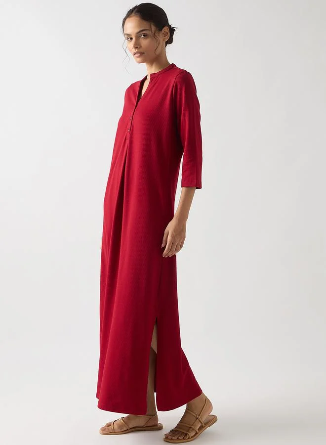 Femmella Red Cotton Knit Maxi Dress with 3/4 Sleeves