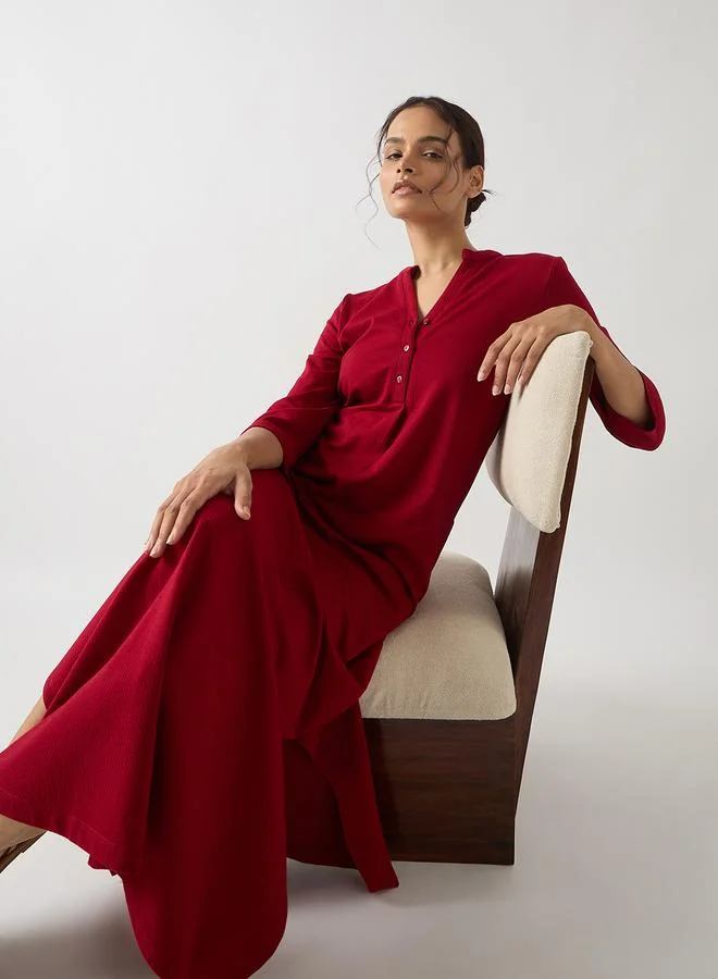 Femmella ruby red Red Cotton Knit Maxi Dress with 3/4 Sleeves for Women | Best Price UAE
