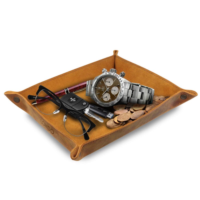 Londo Genuine Leather Tray Organizer - Practical Lightweight Water Resistant Computer Table Desk Storage Box for Wallets, Watches, Keys, Coins, Cell Phones and Office Equipment - Image 1