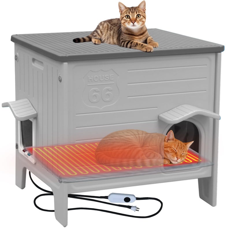 Rockever Heated Cat House for Outside in Winter, 100% Waterproof & Insulated Heated Cat House for Outdoor Cats with Heating Pad, Elevated Outdoor Cat House Safe Escape Door(L,Grey&Heating Pad) - Image 1