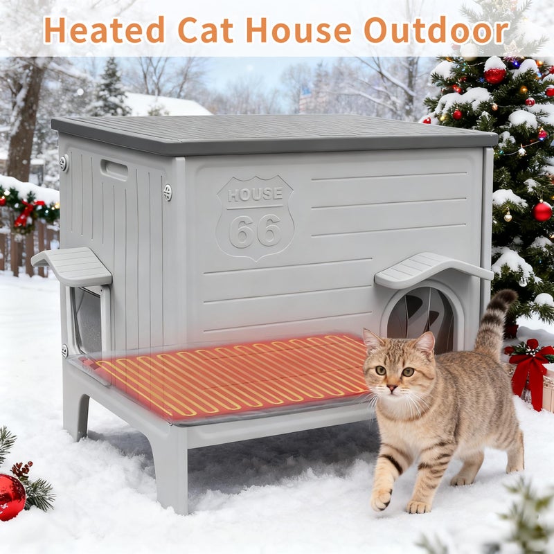 Rockever Heated Cat House for Outside in Winter, 100% Waterproof & Insulated Heated Cat House for Outdoor Cats with Heating Pad, Elevated Outdoor Cat House Safe Escape Door(L,Grey&Heating Pad) - Image 4