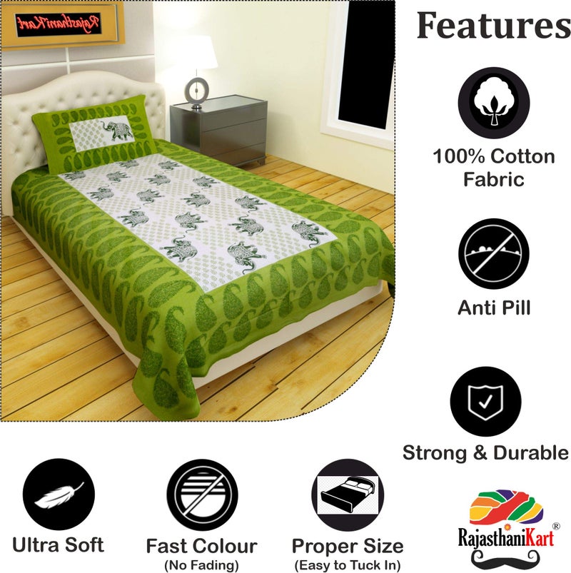RajasthaniKart Pure Cotton 144 TC Single Size Bed Sheet with 1 Pillow Cover - Bedsheet for Single Bed (Green, Single Bedsheets Cotton,203) - Image 3