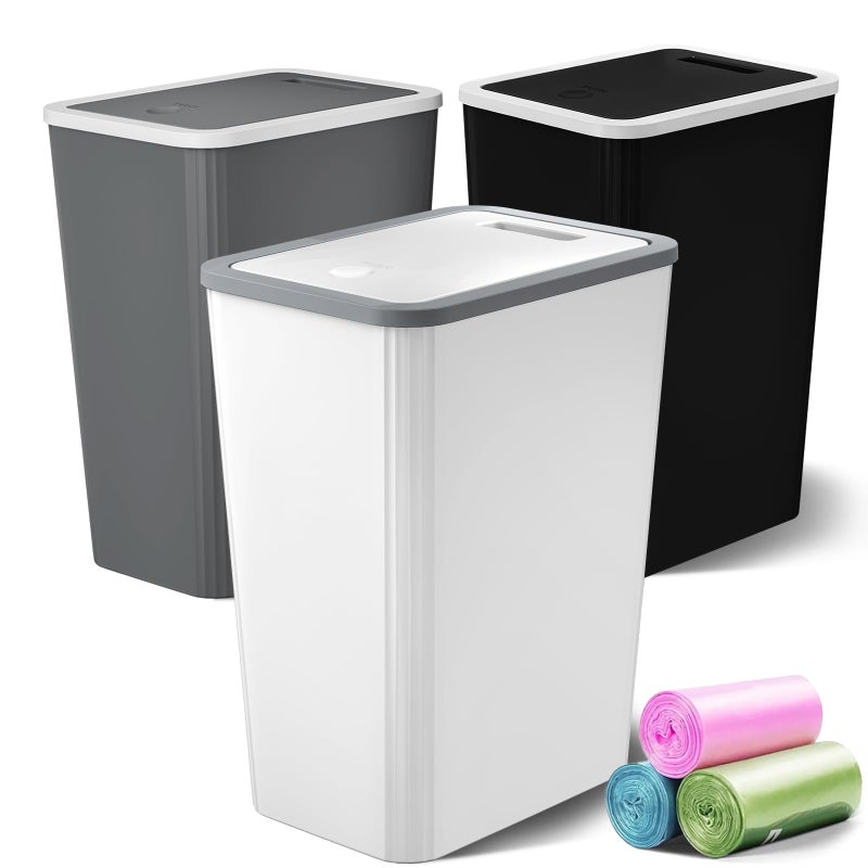 Small Trash Can 3 Pack 4 Gallons Bathroom Garbage Can with Lid PressTop Small Waste Basket with Trash Bags Slim Plastic Garbage Bin for Dorm Office Bedroom Kitchen Living Room Multi