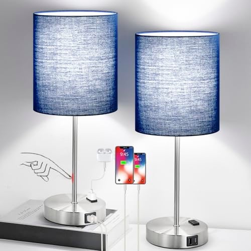 Lynnoland Set of 2 Touch Control Table Lamps with 2 USB & AC Outlet, 3-Way Dimmable Bedside Nightstand Lamps for Bedroom Living Room Nursery, 800 Lumens 5000K Daylight Bulbs Included - Image 1