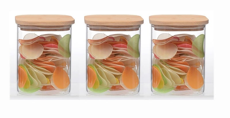 LARYNX 270ML Glass Jars with Wooden Lids For Kitchen Storage Borosilicate Glass Food Storage Containers Airtight glass jar for Tea Coffee Spice Candy Square 270ml Pack of 3 - Image 1