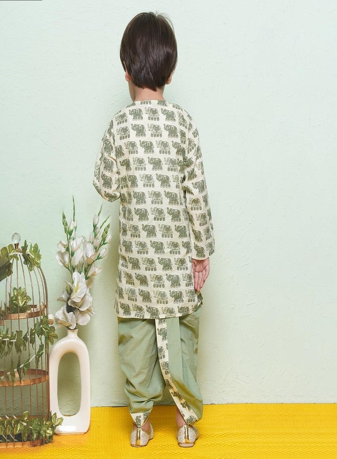 AJ DEZINES Kids Animal Print Pure Cotton Green Dhoti Kurta Set For Boys (1923-GREEN-3) - Image 2