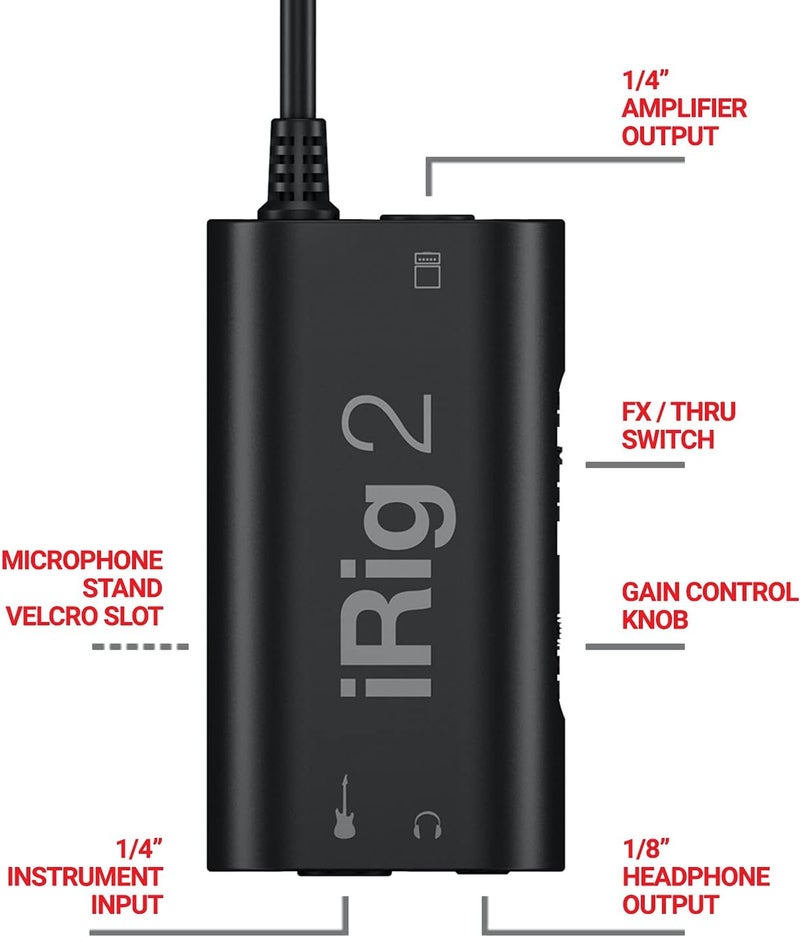 IK Multimedia واجهة صوتية محمولة للجيتار iRig 2، محول صوت خفيف الوزن لجهاز iPhone و iPad مع مدخل آلة ومخارج سماعة/مضخم صوت - Image 2