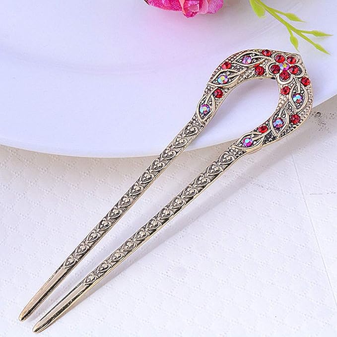 2 Pcs Vintage Hair Stick Crystal Rhinestone Double Prong Hair Pin Stick Hairstyle Chignon Hairpin