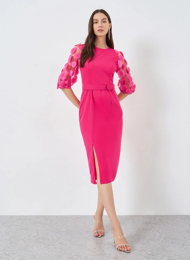 Dark Pink Midi Bodycon Dress with 3/4 Sleeves