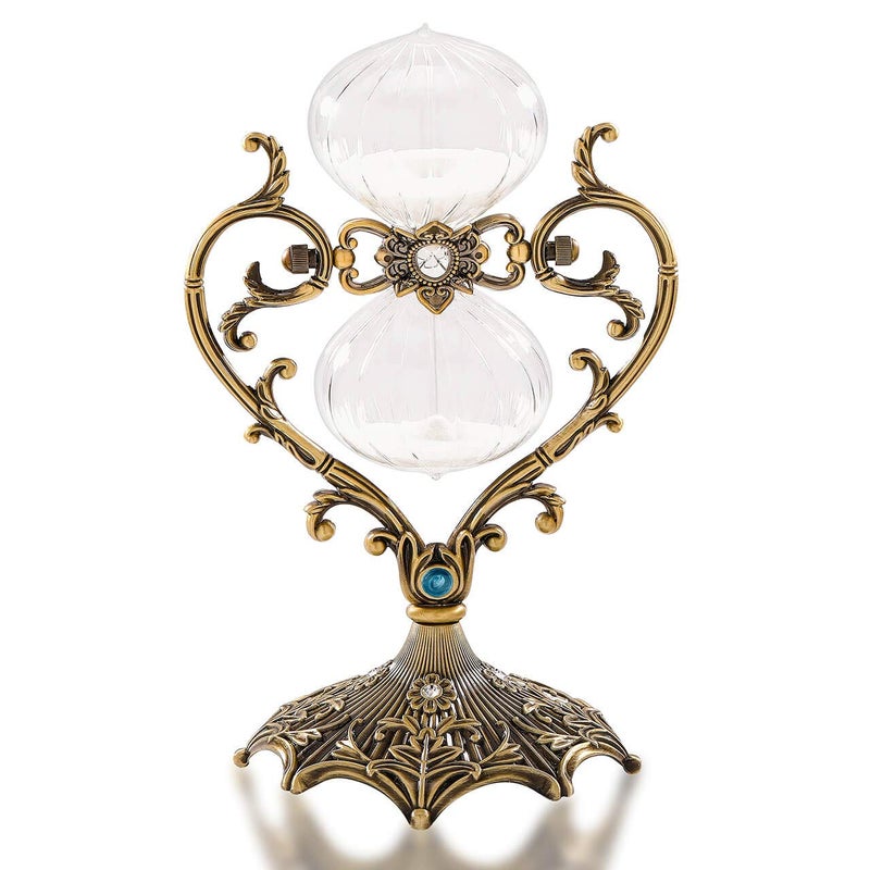 SuLiao Hourglass Sand Timer 60 Minutes Vintage Engraved Sand Clock 60 Minutes Antique 1 Hour Glass Brass Sand Watch 60 Min Large Metal Rotating Sandglass Timer with White Sand for Home Office Decoration 