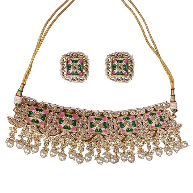 ACCESSHER Gold Plated Vilandi Kundan and American Diamond Studded Grey Enamel Embellished Statement Choker Set with Pair of Dangle Earrings for Women and Girls - Image 1