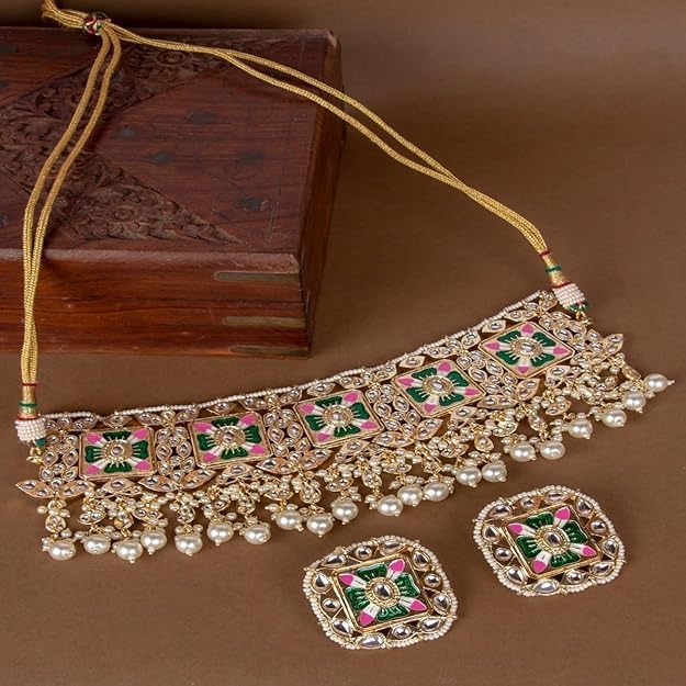 ACCESSHER Gold Plated Vilandi Kundan and American Diamond Studded Grey Enamel Embellished Statement Choker Set with Pair of Dangle Earrings for Women and Girls - Image 3