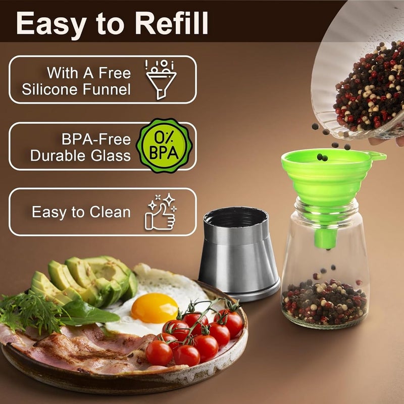 BENICCI Stainless Steel Spice Grinder Glass Steel Squeeze Pepper Grinder or Salt Shaker Spice Storage Adjustable Coarseness Setting Pepper Mill Salt Mill with Free Funnel652 2 Small Pepper - Image 4