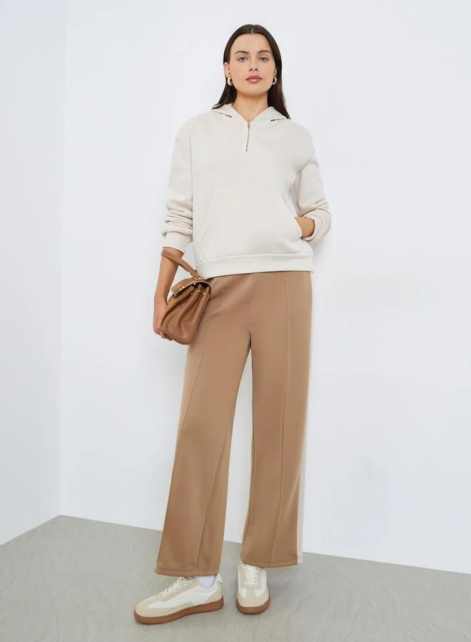 Styli Beige Quarter Zip Solid Hoodie