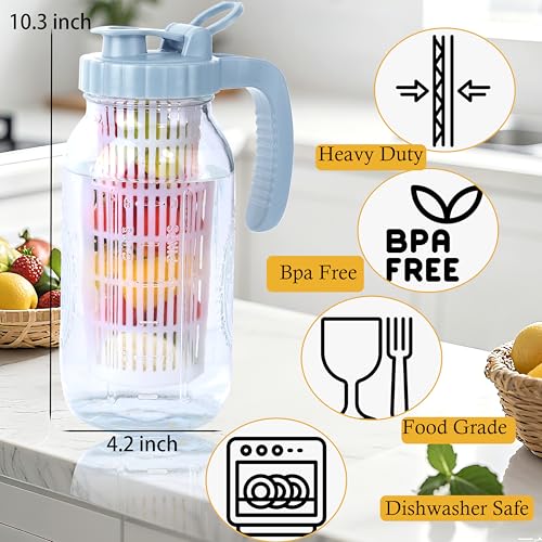 GMCOZY 64 Oz Glass Mason Jar Pitcher With Infuser Lid Half Gallon Mason Fruit Infused Water Pitcher 2 Quart Wide Mouth Sun Tea Jar For Outside For Fridge Lemonade, Beverage,Milk,Juice, Cold Brew Container - Image 2