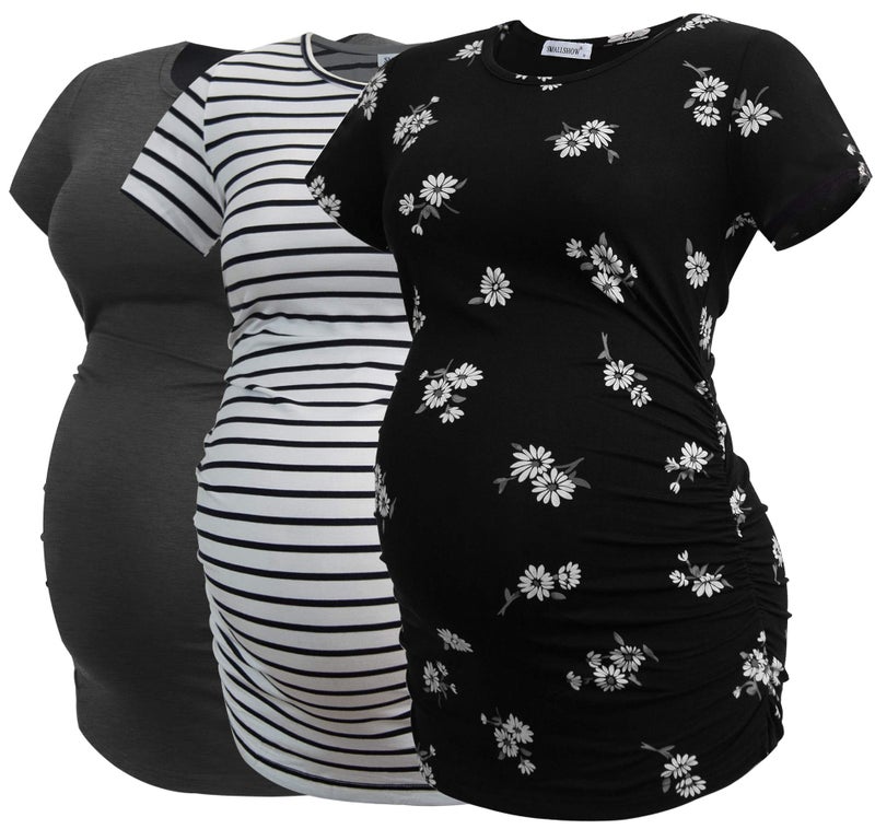 Smallshow Womens Maternity Tops Side Ruched Tunic TShirt Pregnancy Clothes Medium Deep GreySVP121White Stripe
