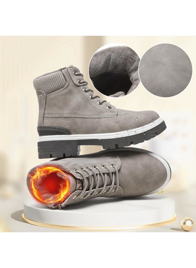 FINIWOR Ankle Boots for Women Hiking Boot Women Combat Boots Lace Up Womens Snow Boots Waterproof Fur Winter Boots Black Boots.(Grey.US10) - Image 3