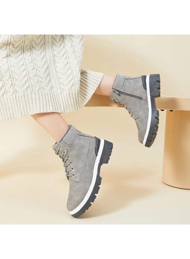 FINIWOR Ankle Boots for Women Hiking Boot Women Combat Boots Lace Up Womens Snow Boots Waterproof Fur Winter Boots Black Boots.(Grey.US10) - Image 2