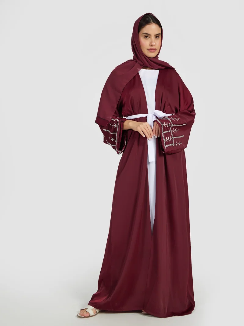 Reem Abayas Elegant Maroon Open Abaya with White Contrast Belt & Embroidery