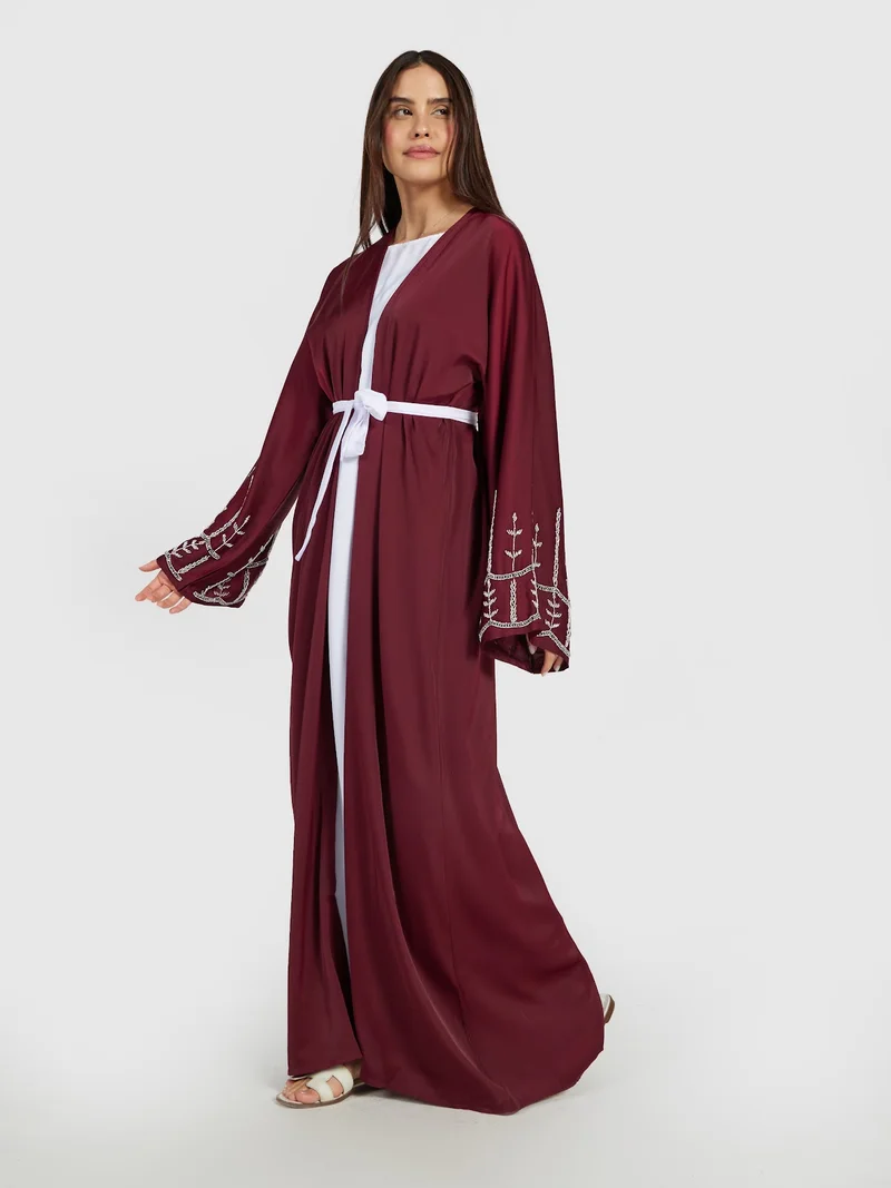 Reem Abayas Elegant Maroon Open Abaya with White Contrast Belt & Embroidery
