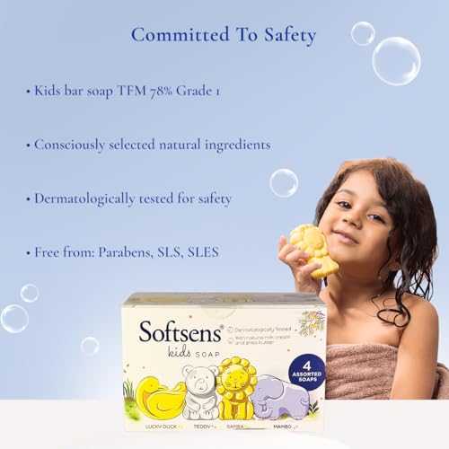 Softsens Assorted Kids Soap 75g each ( Pack of 4 x 75g) | Gentle Nourishing Care with Shea Butter & Natural Milk Cream, Dermatologist Tested Baby Soap, Moisturizing Animal Shape Bar Soap For Toddlers & Kids 2-10 Years - Image 5