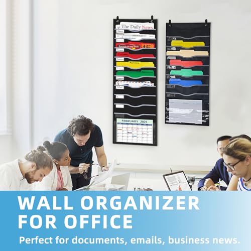 ALSLEA 11 Pockets Hanging Wall File Organizer 15" Extra Wide Pocket Chart for Classroom, Office, Home, Mail Organizer Wall Mounted with 1 Writable Clear Pocket, 5 Wall/Door Hooks & 12 Labels (Black) - Image 4