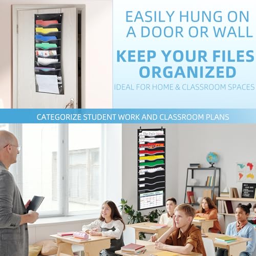 ALSLEA 11 Pockets Hanging Wall File Organizer 15" Extra Wide Pocket Chart for Classroom, Office, Home, Mail Organizer Wall Mounted with 1 Writable Clear Pocket, 5 Wall/Door Hooks & 12 Labels (Black) - Image 5
