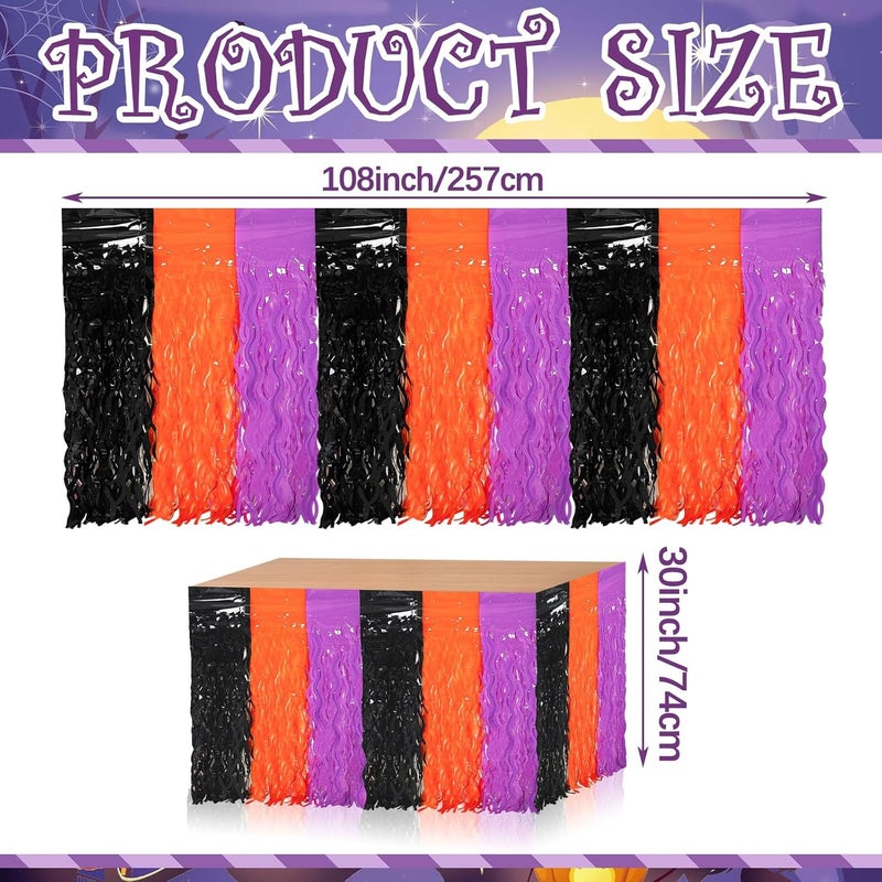 DTOFOOT 4 Pack Halloween Table Skirts, Metallic Foil Fringe Tinsel Table Cover Banner, 30x108 Inch Orange Purple Black Tablecloth Backdrop Curtain for Party Supplies Decorations Celebrations - Image 2
