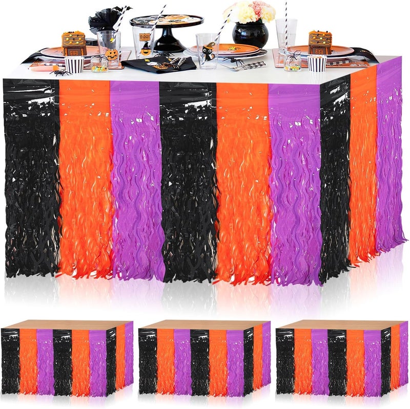 DTOFOOT 4 Pack Halloween Table Skirts, Metallic Foil Fringe Tinsel Table Cover Banner, 30x108 Inch Orange Purple Black Tablecloth Backdrop Curtain for Party Supplies Decorations Celebrations - Image 1