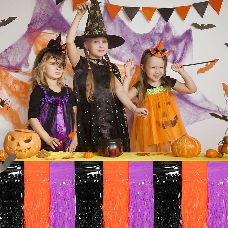 DTOFOOT 4 Pack Halloween Table Skirts, Metallic Foil Fringe Tinsel Table Cover Banner, 30x108 Inch Orange Purple Black Tablecloth Backdrop Curtain for Party Supplies Decorations Celebrations - Image 4