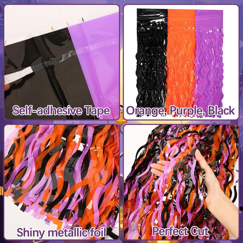 DTOFOOT 4 Pack Halloween Table Skirts, Metallic Foil Fringe Tinsel Table Cover Banner, 30x108 Inch Orange Purple Black Tablecloth Backdrop Curtain for Party Supplies Decorations Celebrations - Image 3
