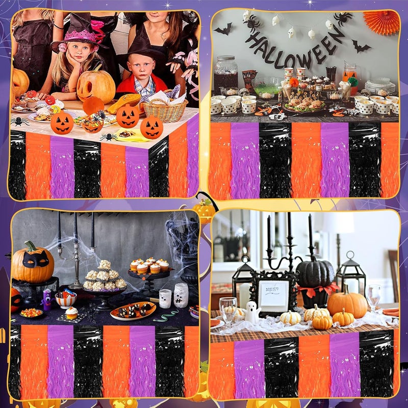 DTOFOOT 4 Pack Halloween Table Skirts, Metallic Foil Fringe Tinsel Table Cover Banner, 30x108 Inch Orange Purple Black Tablecloth Backdrop Curtain for Party Supplies Decorations Celebrations - Image 5