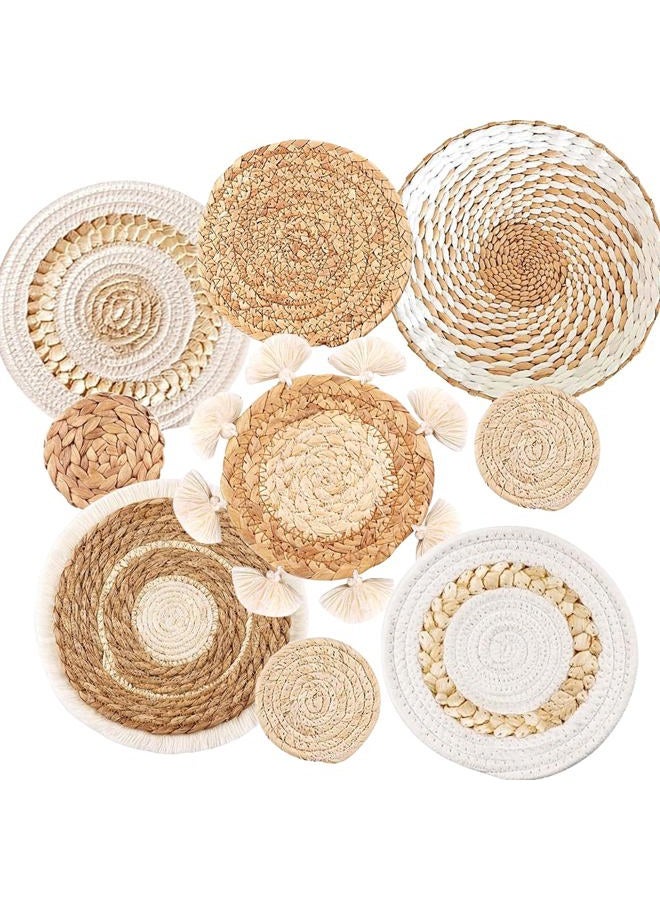 COM4SPORT 9PCS Boho Wall Baskets Set,Seagrass Rattan Wicker Basket Boho Wall Decor Boho Room Decor,Round Handmade Hanging Wall Basket Decor Wall Art for Farmhouse Living Room Bedroom Display Table Kitchen Home - Image 1