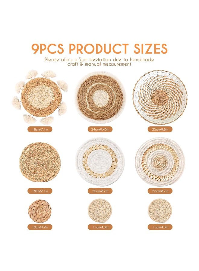 COM4SPORT 9PCS Boho Wall Baskets Set,Seagrass Rattan Wicker Basket Boho Wall Decor Boho Room Decor,Round Handmade Hanging Wall Basket Decor Wall Art for Farmhouse Living Room Bedroom Display Table Kitchen Home - Image 2