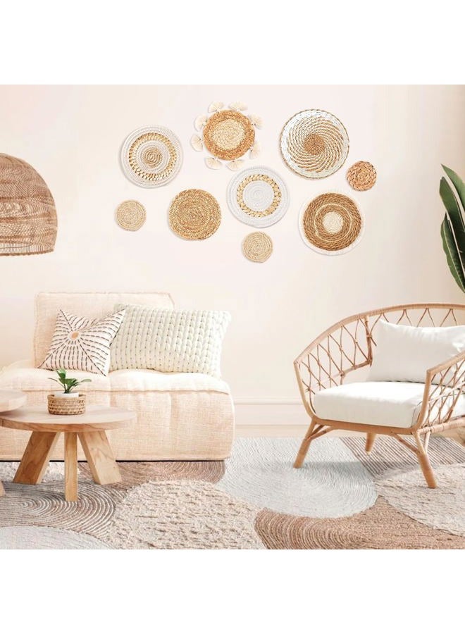 COM4SPORT 9PCS Boho Wall Baskets Set,Seagrass Rattan Wicker Basket Boho Wall Decor Boho Room Decor,Round Handmade Hanging Wall Basket Decor Wall Art for Farmhouse Living Room Bedroom Display Table Kitchen Home - Image 3
