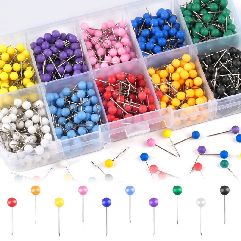 Okxiri 1000 Pcs Multi-Color Push Pins, Map Pins for Travel Map, 1/8" Small Map Tacks with Plastic Beads Head for Cork Board, World Map Pin Board, Bulletin Board, Fabric Marking, Craft, Office - Image 1
