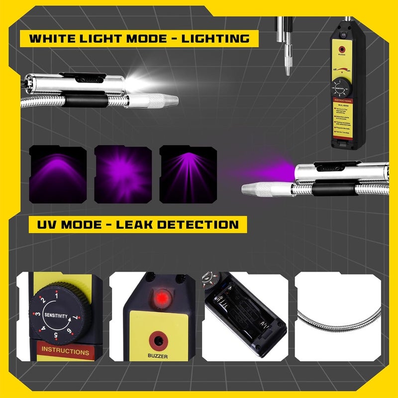 مجموعة أدوات كشف تسرب غاز التبريد Ac Wjl-6000 مع مصباح UV مكون من 68 LED ونظارات حماية صفراء من الأشعة فوق البنفسجية لتكييف الهواء HVAC لأنواع R22 وR410a وR134a (أصفر) - Image 3