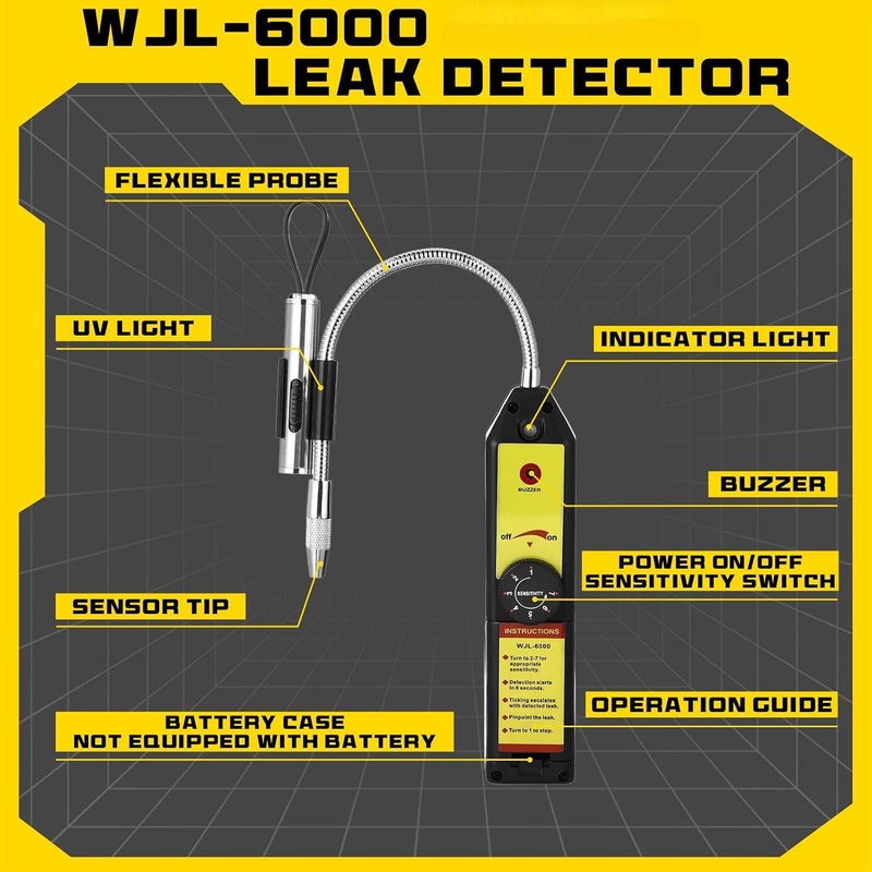 مجموعة أدوات كشف تسرب غاز التبريد Ac Wjl-6000 مع مصباح UV مكون من 68 LED ونظارات حماية صفراء من الأشعة فوق البنفسجية لتكييف الهواء HVAC لأنواع R22 وR410a وR134a (أصفر) - Image 2