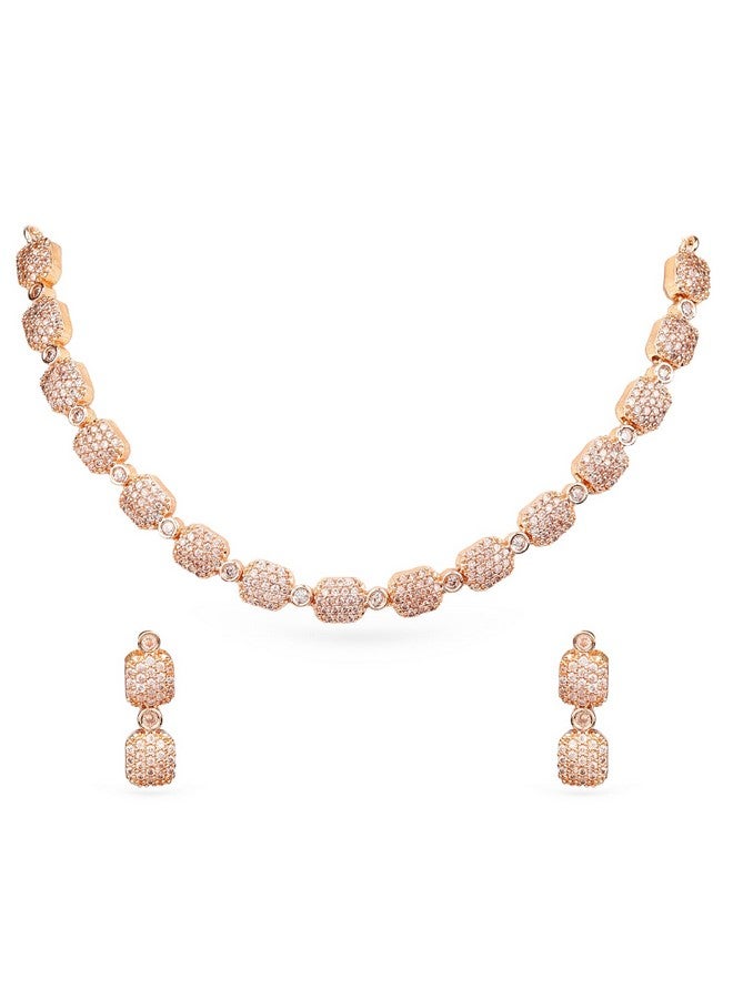 Rubans 18K Rose Gold Plated White Cubic Zirconia Studded Elegant Necklace Set with Matching Earrings for Women & Girls - Image 1