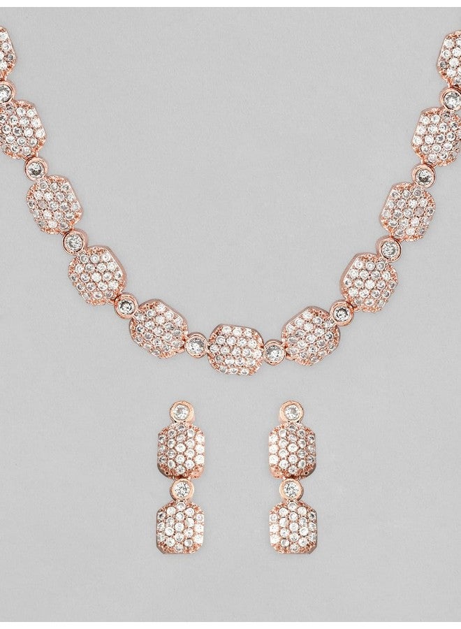 Rubans 18K Rose Gold Plated White Cubic Zirconia Studded Elegant Necklace Set with Matching Earrings for Women & Girls - Image 3