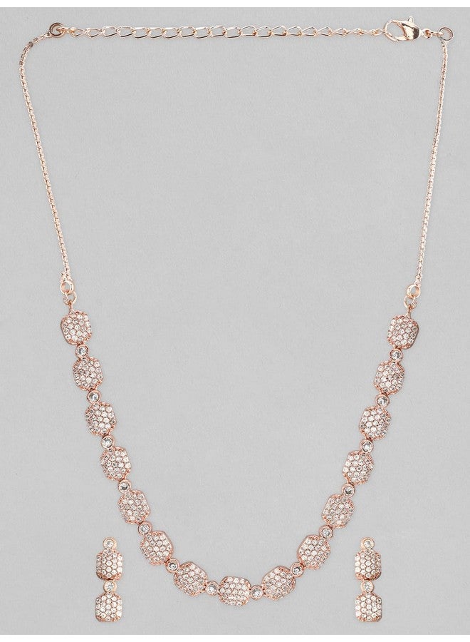 Rubans 18K Rose Gold Plated White Cubic Zirconia Studded Elegant Necklace Set with Matching Earrings for Women & Girls - Image 2